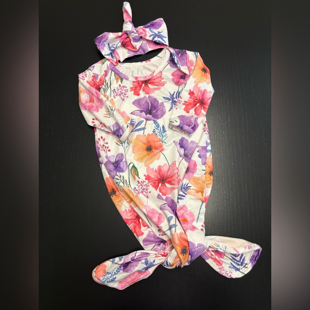 Baby Girl NB-3m Sleep Gown with Headband Tie for Photos